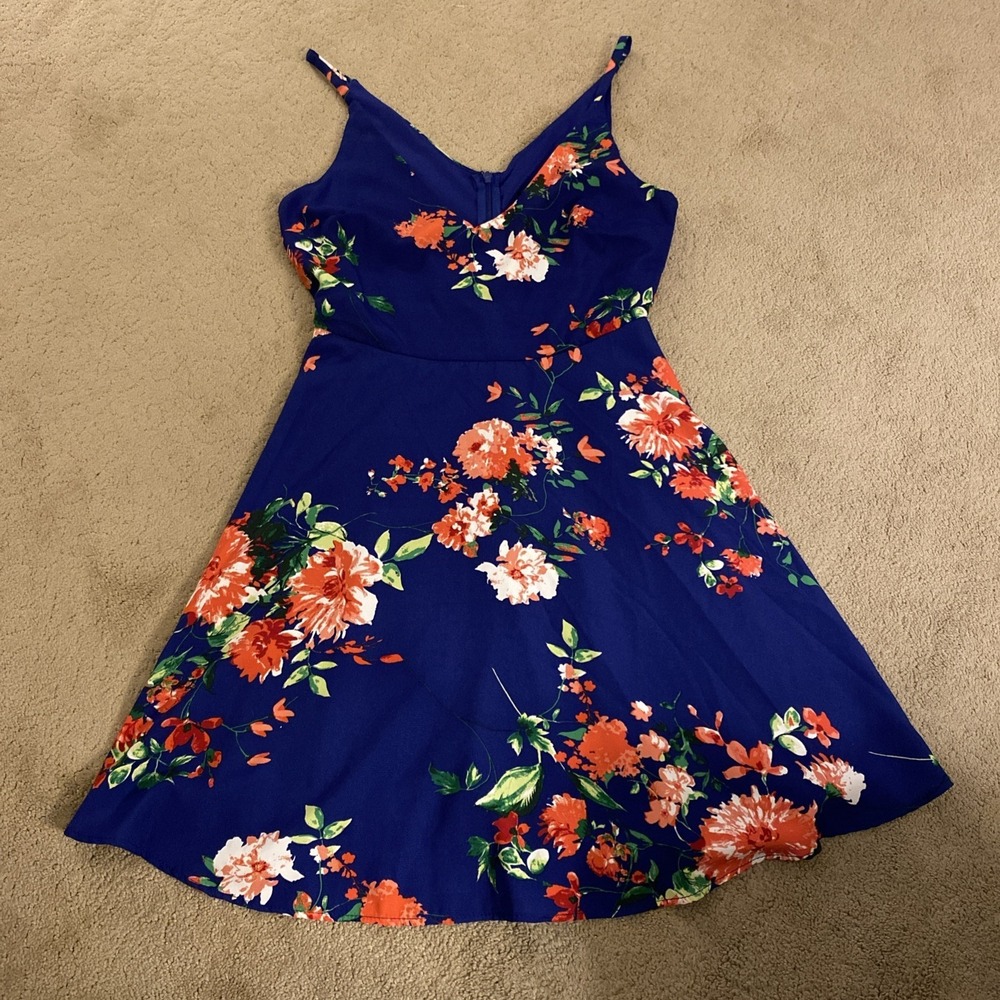 LULUS BRIDGE TO LOVE COBALT BLUE FLORAL PRINT SKATER DRESS SIZE XS‎ LINED